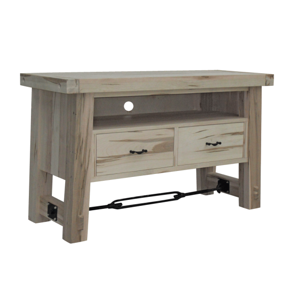 turnbuckle holding legs of media console sturdy with hole for wiring in back. two drawers to organize your media accessories